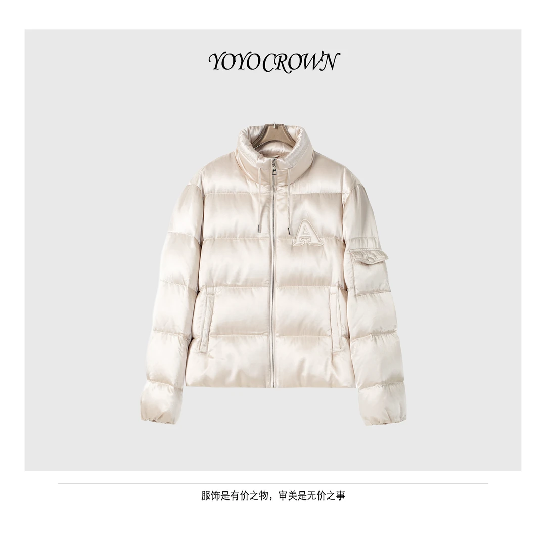 YOYO CROWN 广检90白鹅绒珠光缎人丝短款抗寒保暖显瘦羽绒服