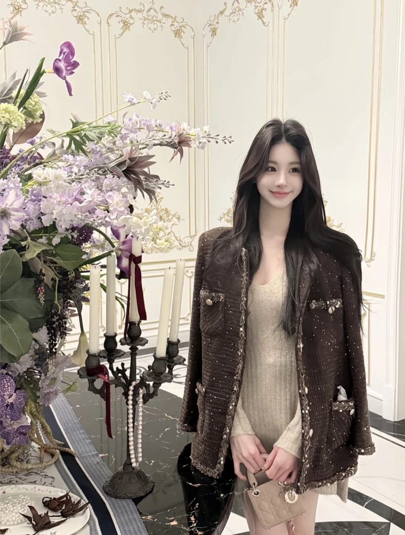 巴黎往事 小香风美拉德编织圆领亮片外套气质纯欲风针织连衣裙