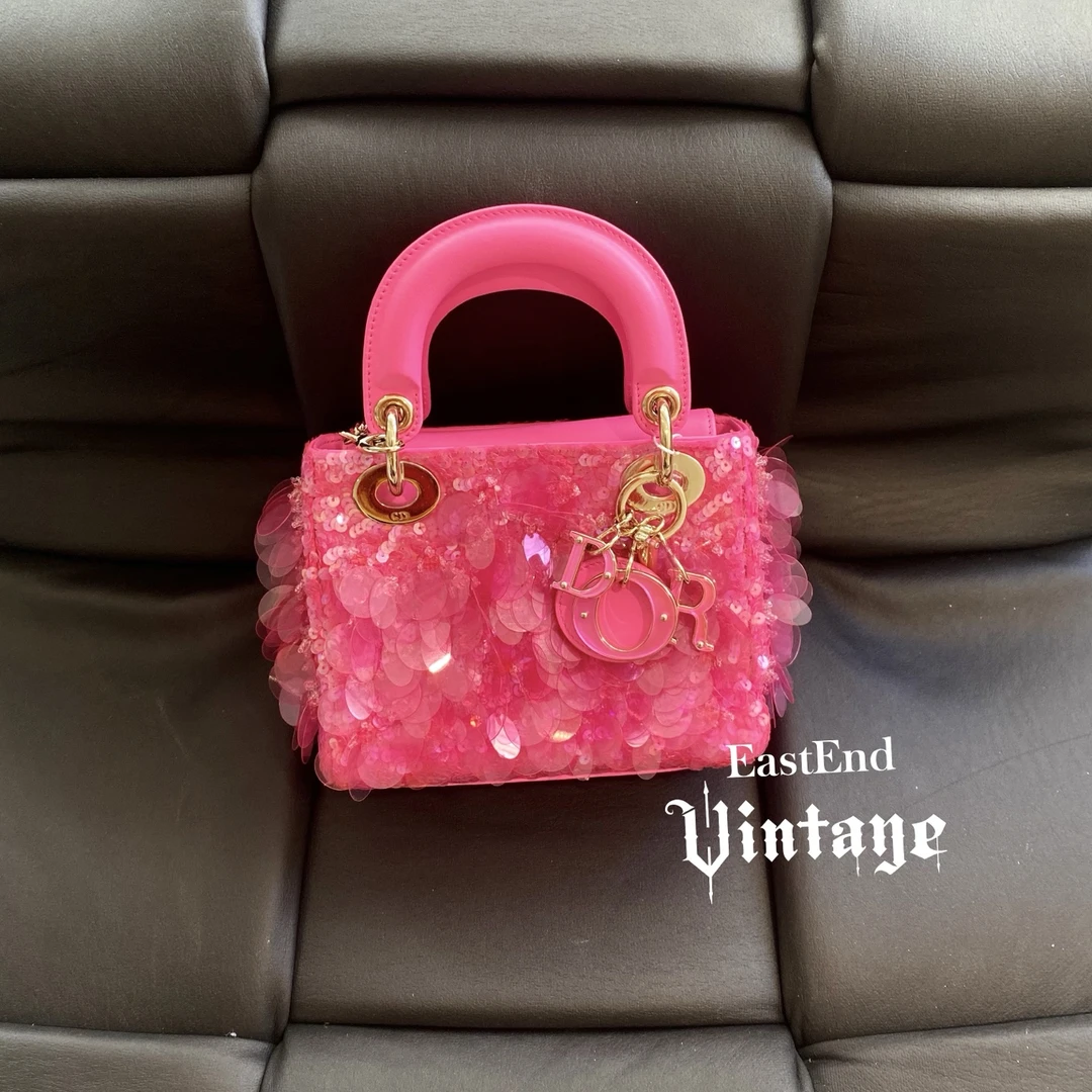 99新 DIOR/迪奥 東区-粉色亮片珠串戴妃lady手提包/21765