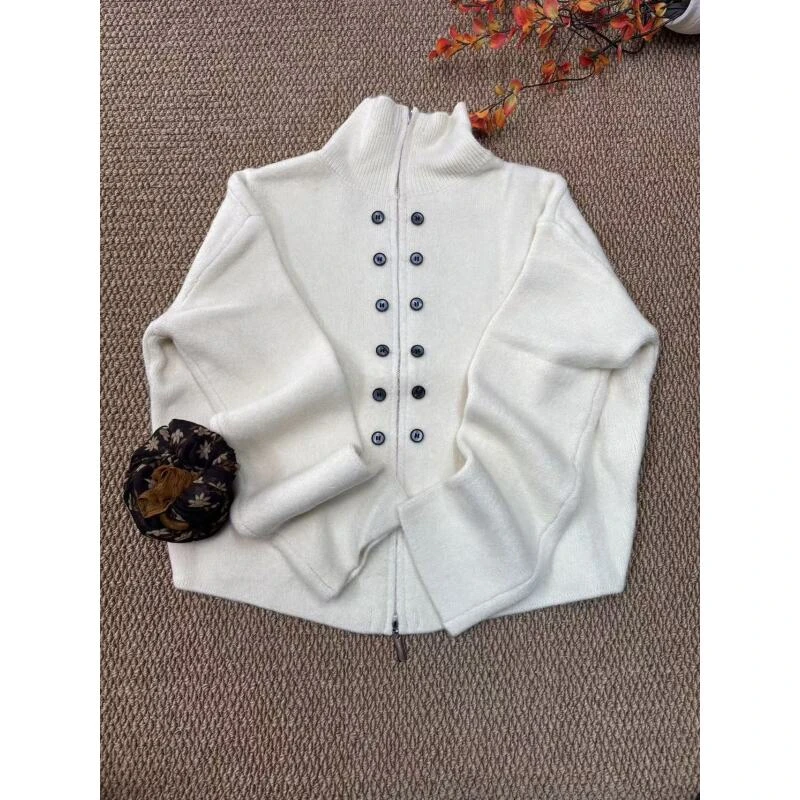 新款半高领开衫双头拉链毛衣纯色百搭针织衫1110-1