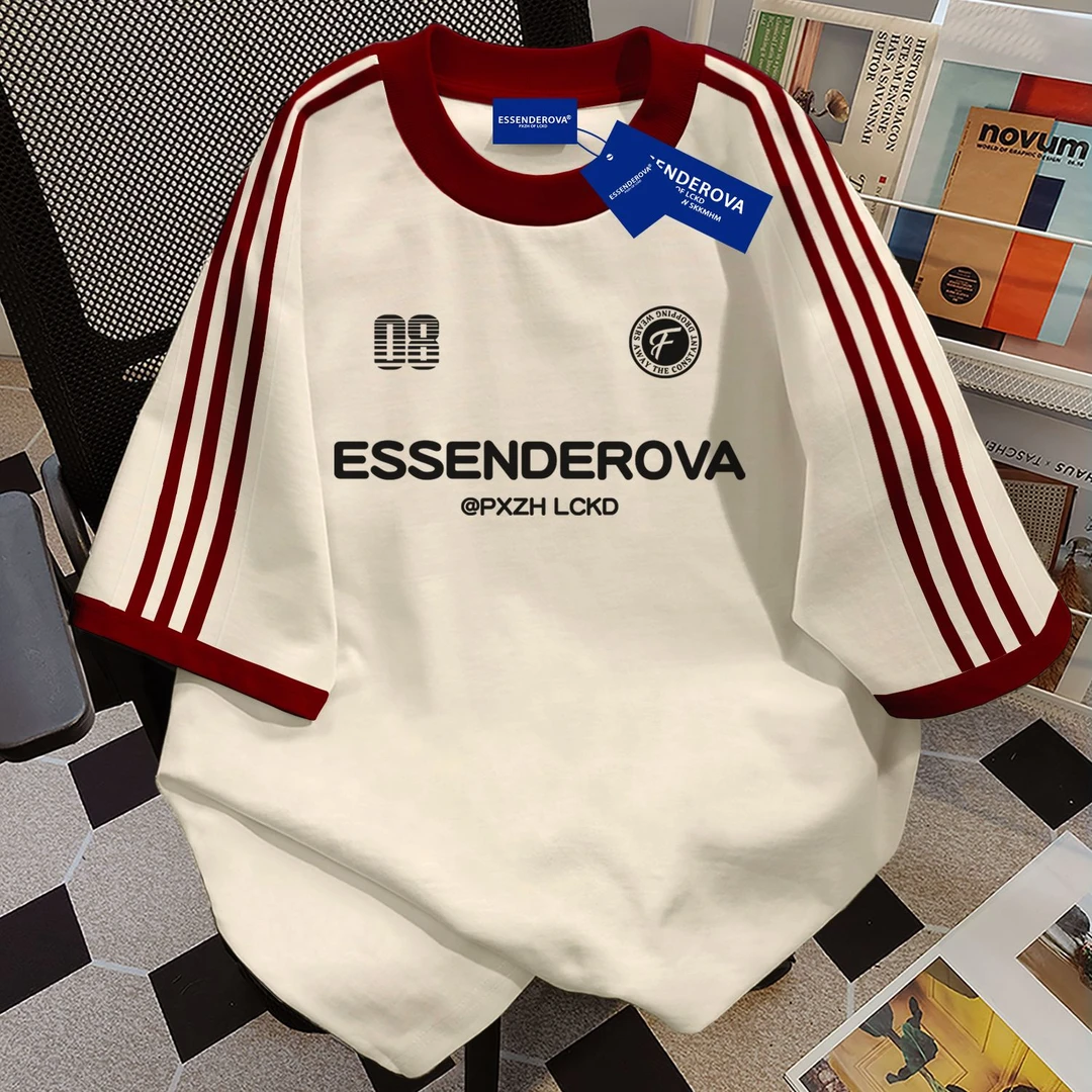 100%纯棉潮酷字母宽松t恤圆领夏季拼接短袖男女oversize情侣上衣