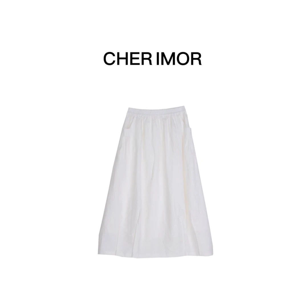 CHER IMOR【白麻】文艺森系松紧腰纯色半身裙38551 Hi Fortune