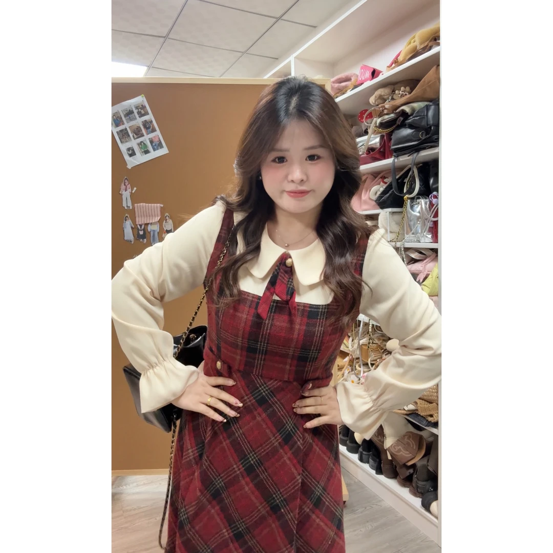 青苍【栗子果泥】大头婷微胖定制春季高腰显瘦格子假两件连衣裙