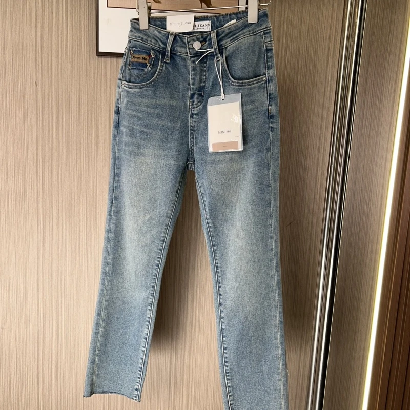 7066撤柜牛仔裤刺绣弹力高腰春夏修身薄款裤子显瘦韩版潮九分小脚