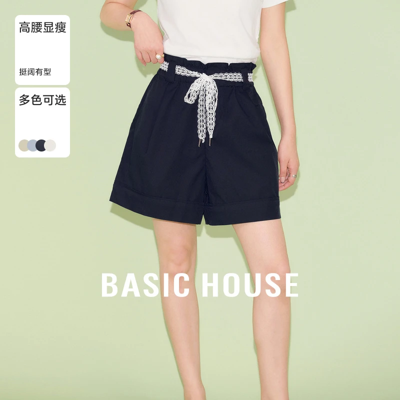 Basic House/百家好可露丽蕾丝系带设计休闲短裤夏新款高腰A字裤