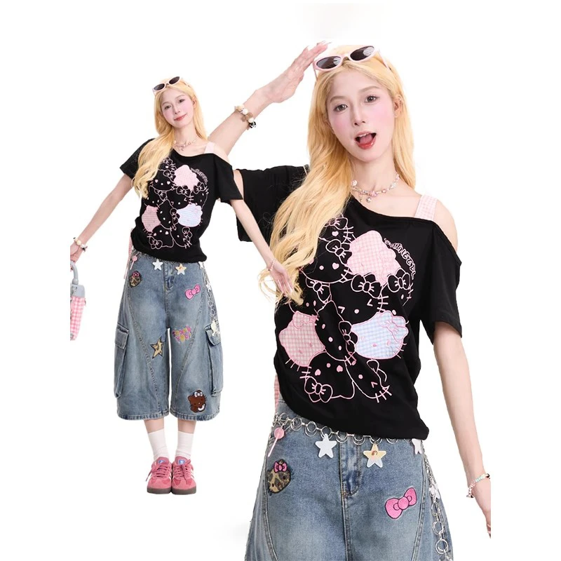 甜美风可爱猫咪吊带斜肩短袖t恤女夏季甜辣减龄抽褶宽松百搭上衣