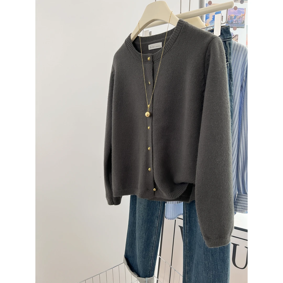 灰色小香风针织开衫女春秋2024早秋新款慵懒软糯宽松毛衣外套上衣