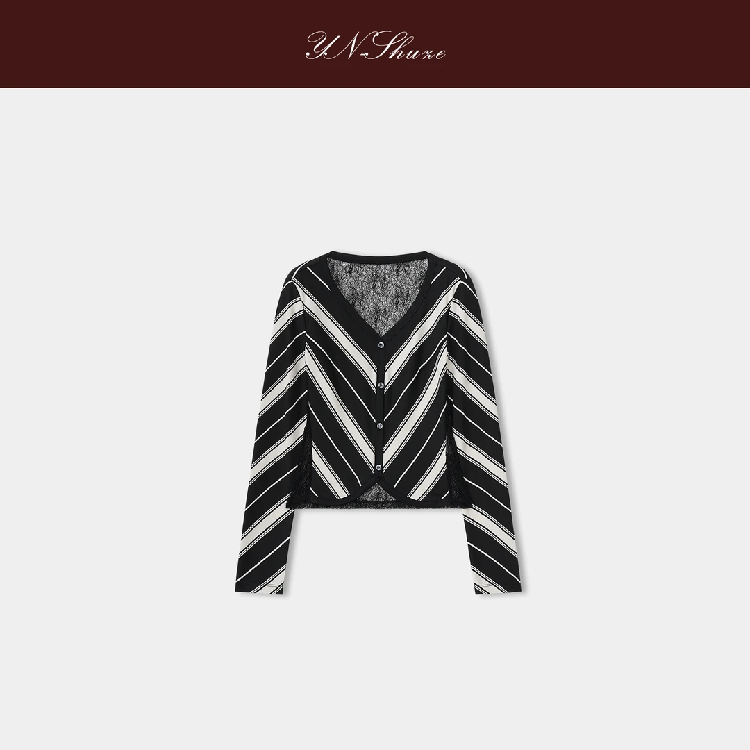 YN-SHUZE【魅力条纹】弹力条纹拼蕾丝拼接开衬上衣SZ-YNC-2025857