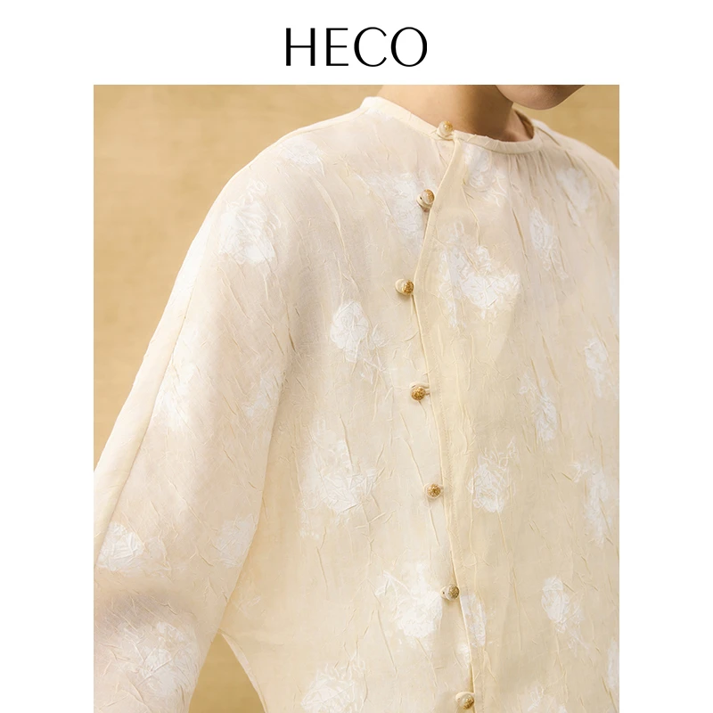 HECO【雾痕】新中式斜襟系扣麻感抓皱肌理长袖衬衫女秋冬新品上衣