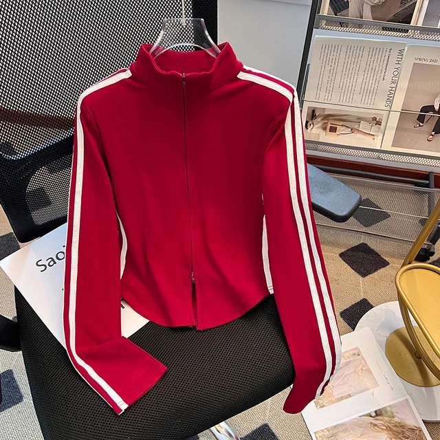 撞色条纹拉链立领长袖t恤女春秋冬新款休闲短款磨毛修身上衣外套