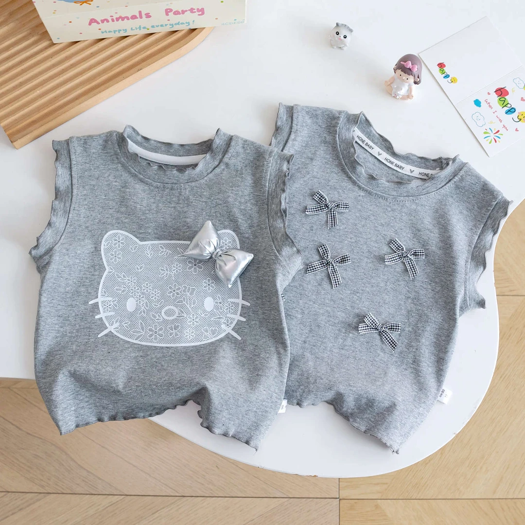 女童夏季无袖上衣灰色kt猫蝴蝶结可爱灰色百搭棉背心软萌宝宝夏装