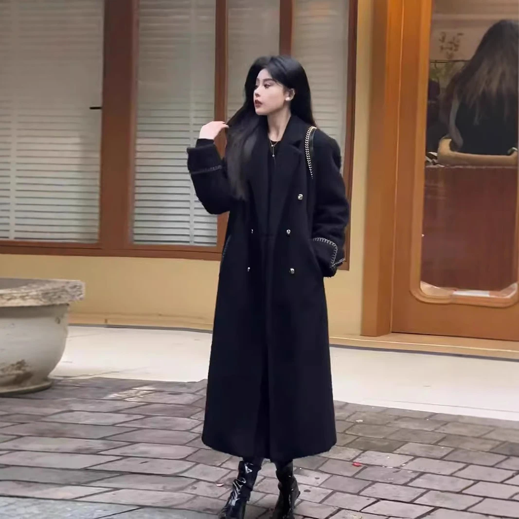韩系穿搭黑色中长款毛呢外套女今年流行爆款秋冬时尚洋气呢子大衣