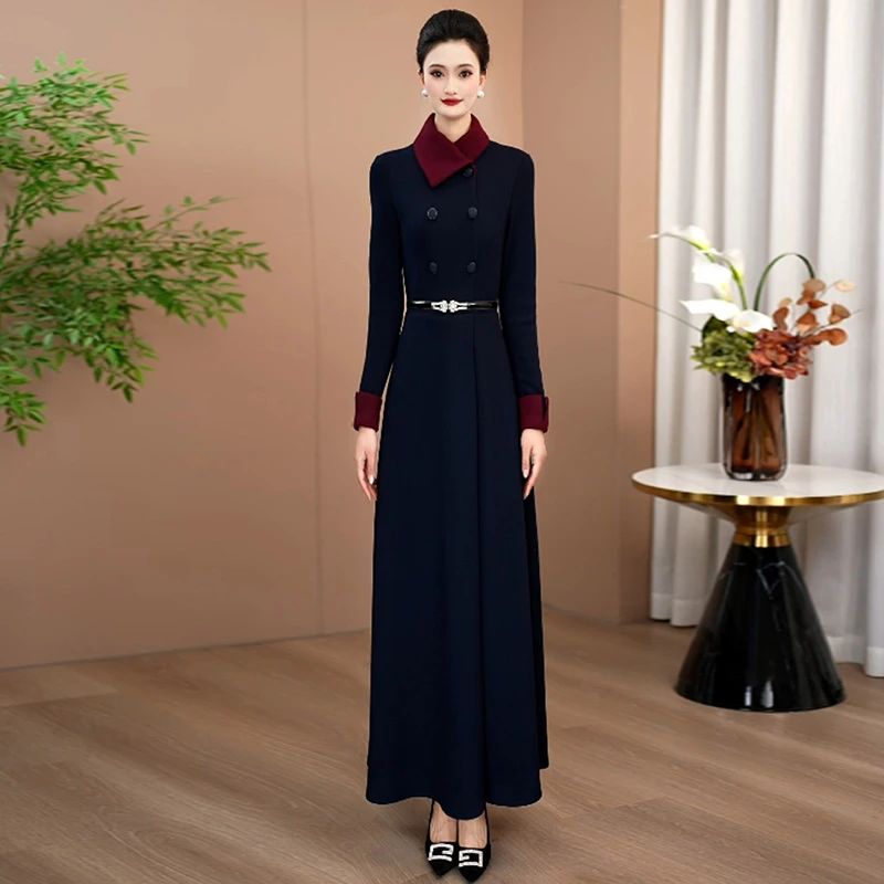 藏蓝色拼接冬加绒加厚连衣裙2025年新款轻奢显瘦高级感长款裙88