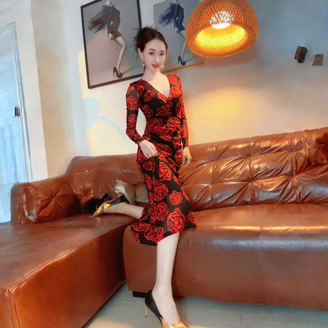 高弹款复古港风{花样年华}修身鱼尾长款长袖夏季连衣裙包臀秋冬