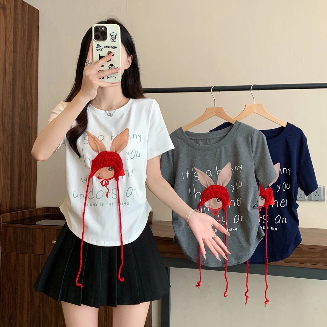 【wy】2025年大码女装夏季新款重工小红帽刺绣T恤上衣3269