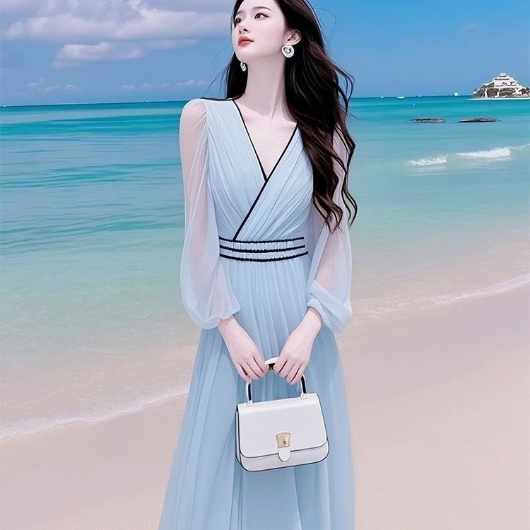 度假法式收腰雪纺连衣裙2025海边新款蓝色仙女气质长裙裙子