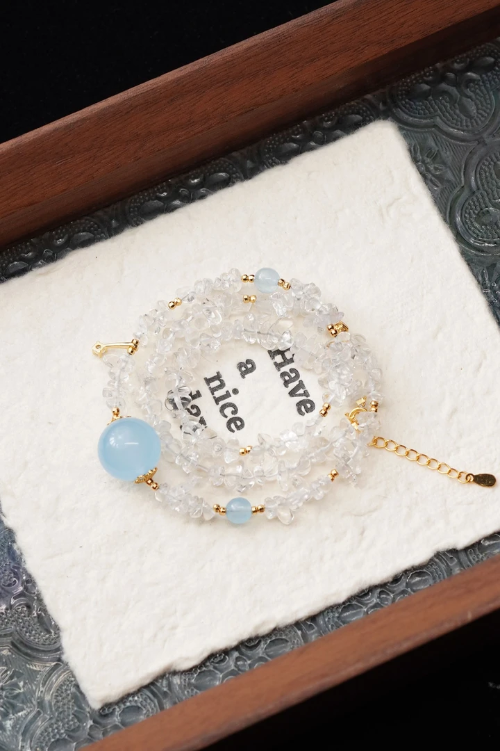 海天一色 天然白水晶随形珠顶珠14mm圆珠项链