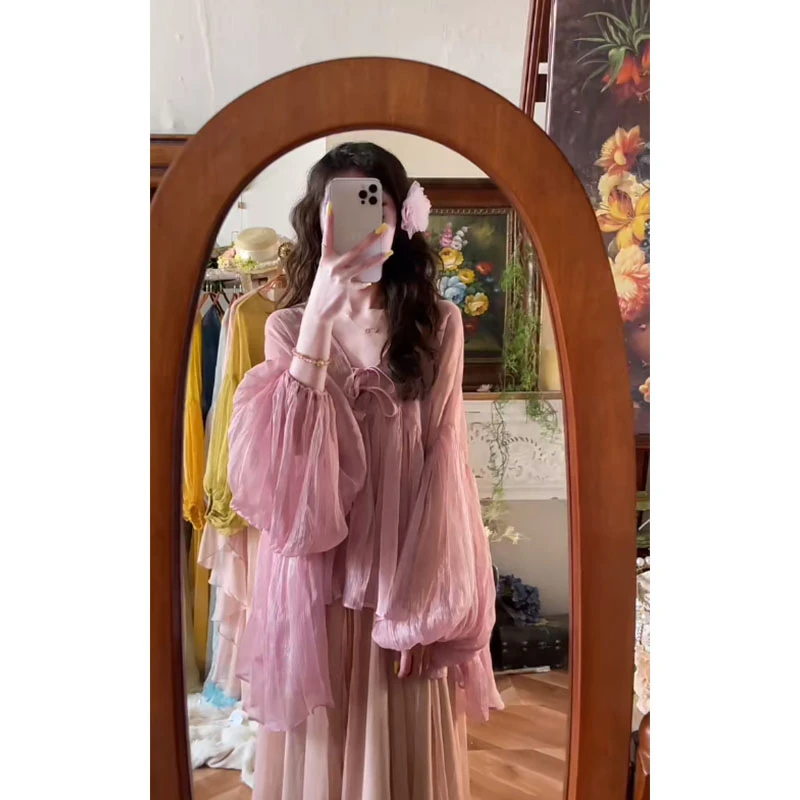 法式独特漂亮初春超仙甜美气质长袖上衣高腰显瘦休闲唯美半身裙