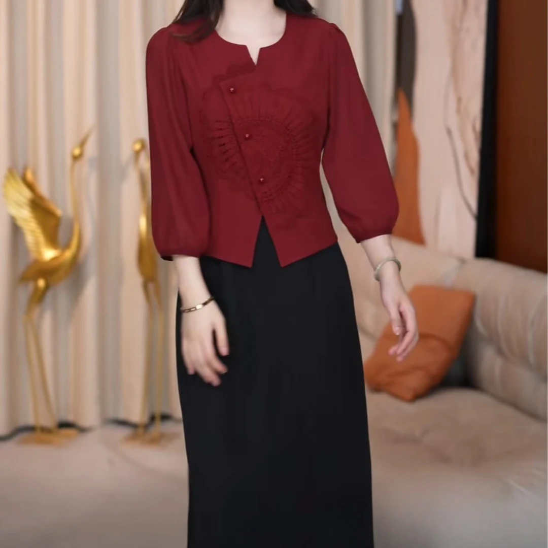 大码女装 两件套套装2025秋季新款中青妈妈大码薄款外套连衣裙