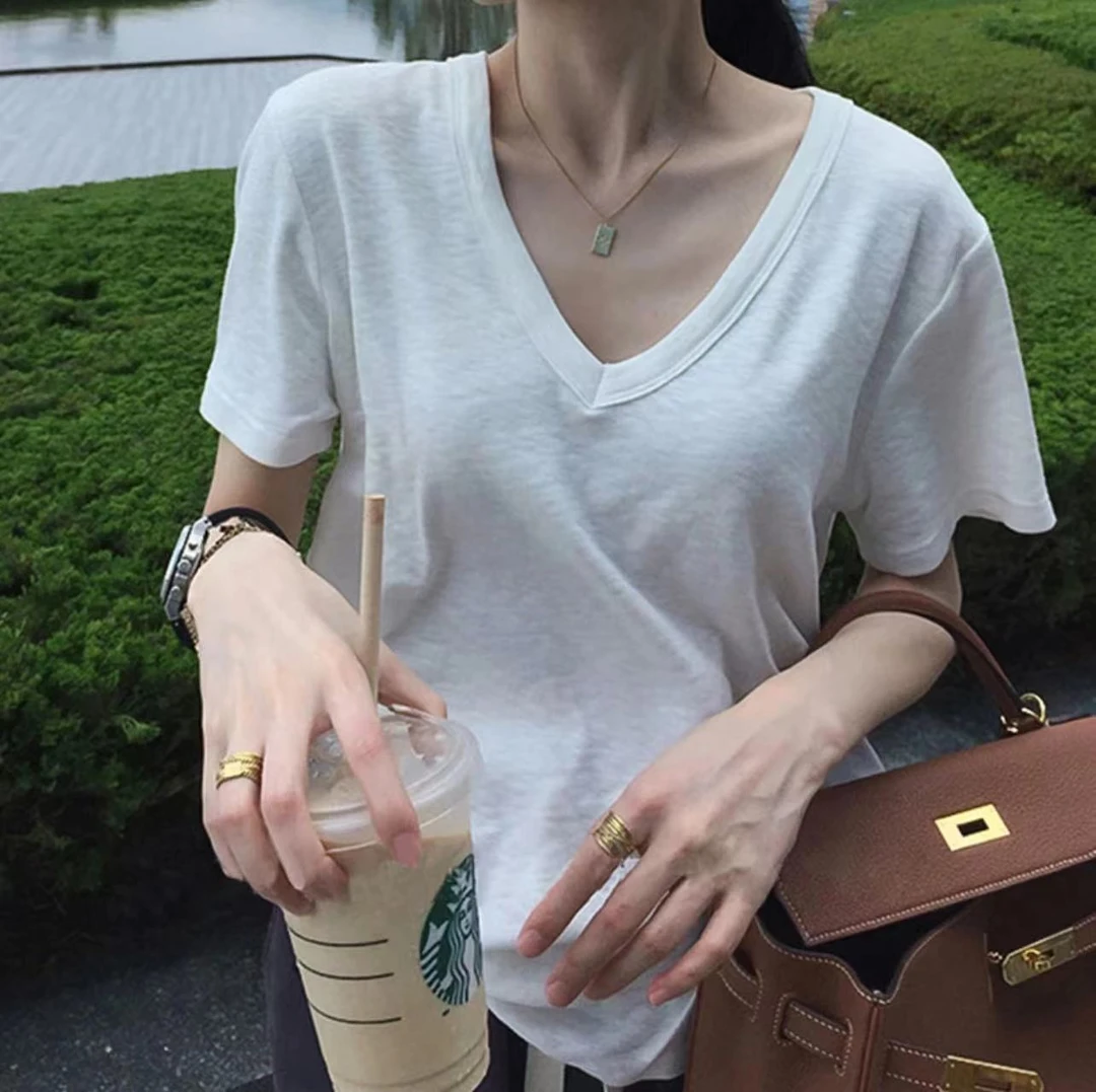 大V领口竹节棉短袖t恤女夏季2025年新款薄款宽松纯棉半袖体恤上衣