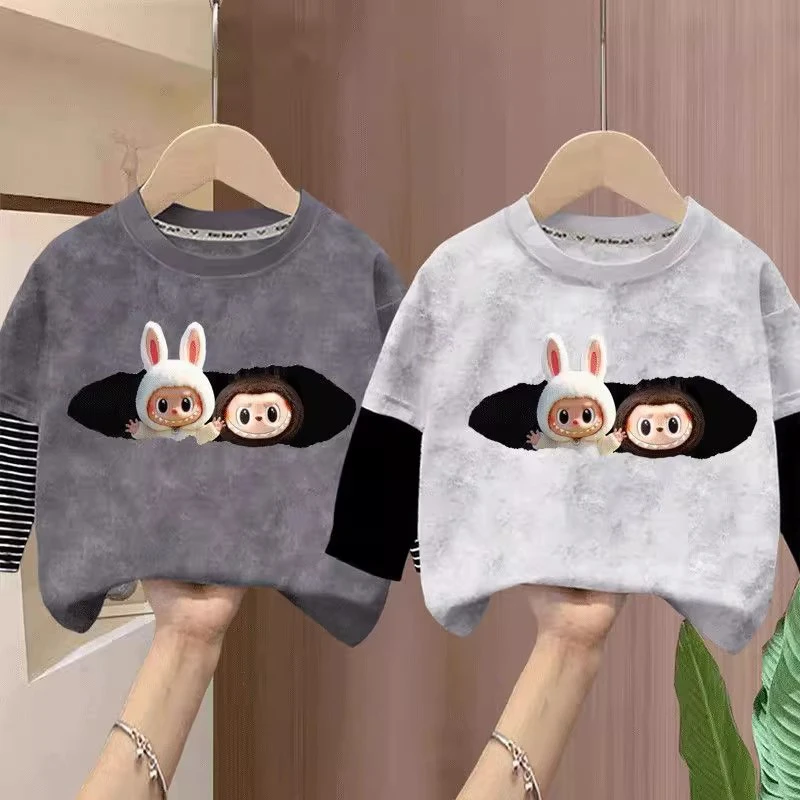 男女儿童装卡通可爱拉布布衣服春秋季长袖T恤宝宝假两件圆领上衣