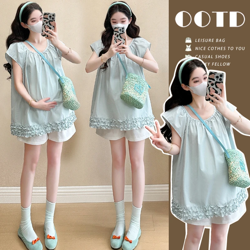 时髦孕妇装新款夏百搭圆领木耳边短袖小飞袖衬衫时尚托腹短裤套装