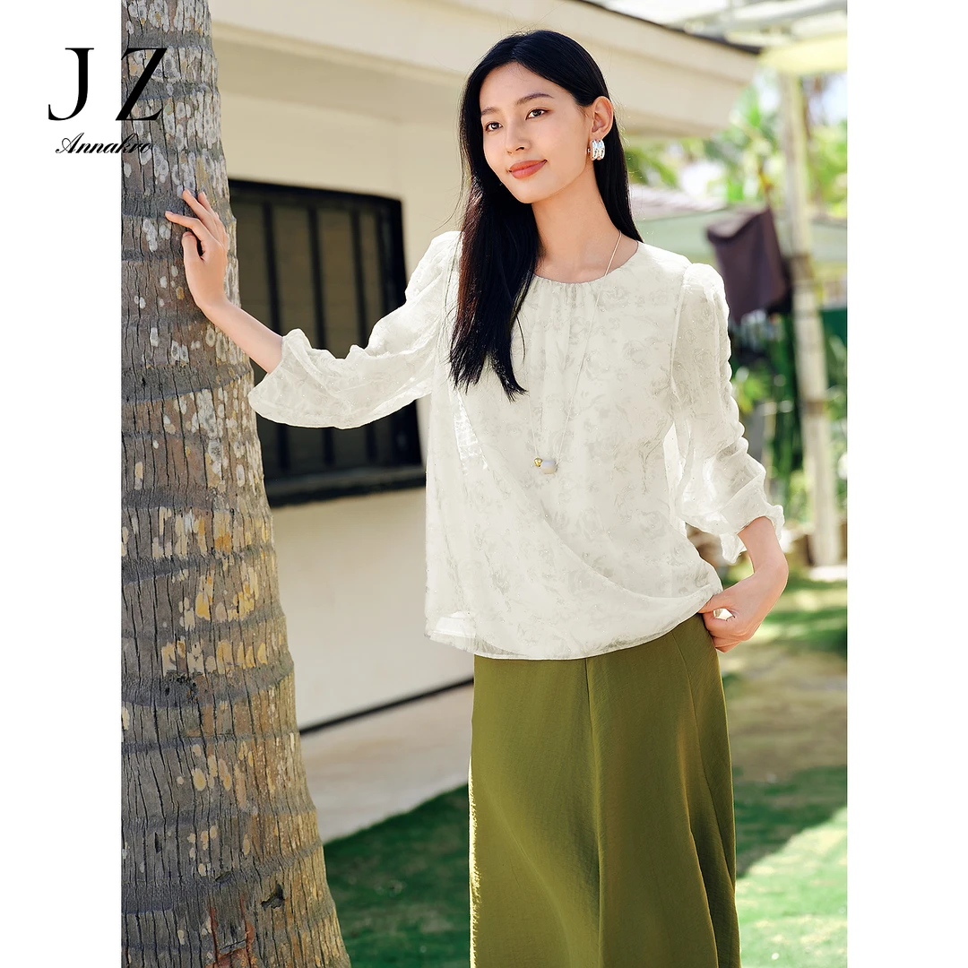 玖姿安娜蔻KWFX80208清新优雅法式bling烫钻中袖上衣女2025夏