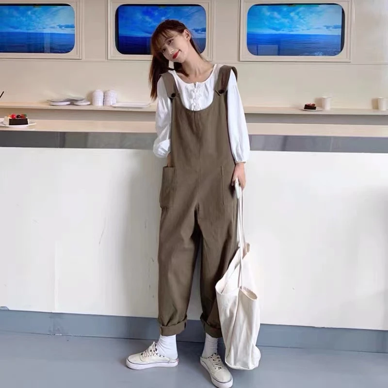 J3291复古港风减龄工装背带裤休闲宽松显瘦小个子阔腿连体吊带裤
