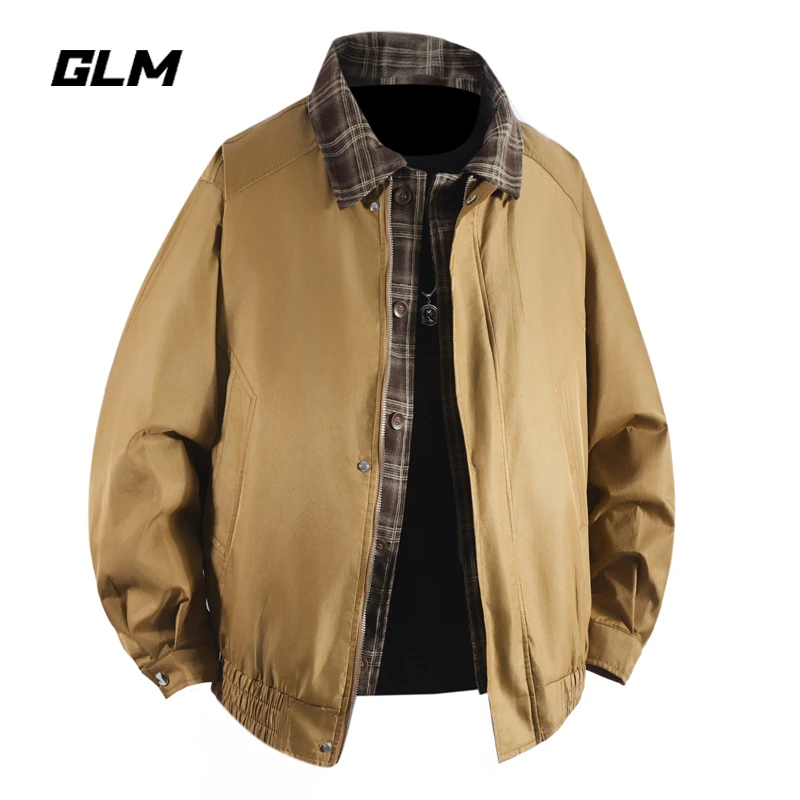 GLM美式复古格纹拼接工装夹克男生春秋季潮牌高街翻领假两件外套