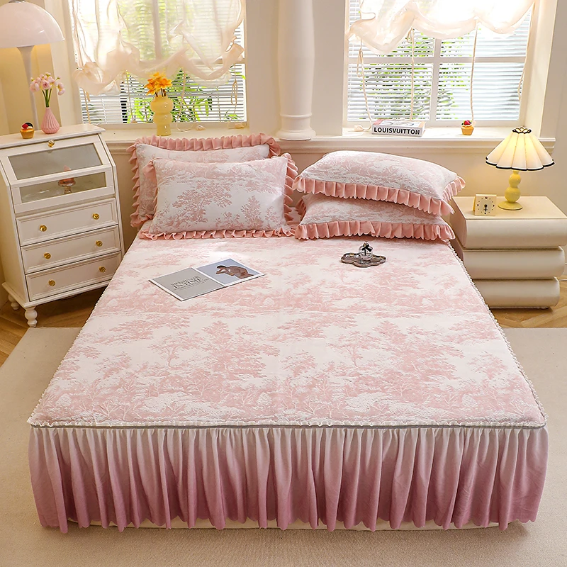 不老的爷爷韩版公主风加厚保暖提花牛奶绒床裙三件套防滑床裙罩