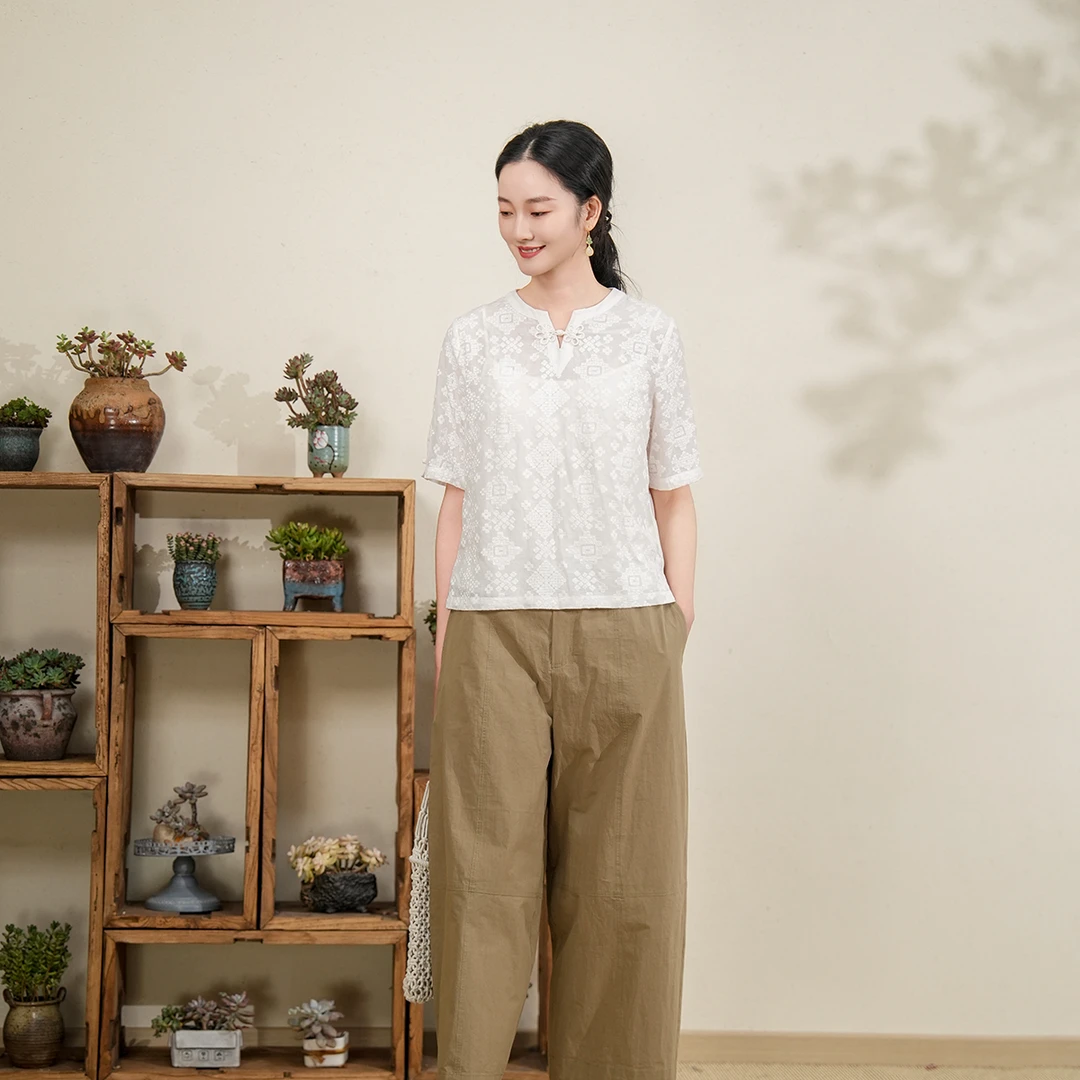 布符2025年夏季开口领盘扣白T恤女装复古显瘦百搭款MXDX29