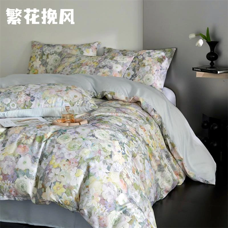 【晴美】莱赛尔天丝数码印花四件套-繁花挽风