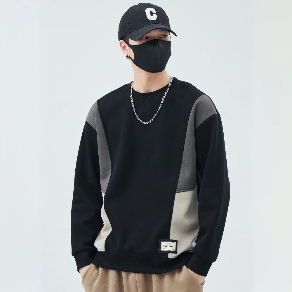 巴康波劳拼色男士卫衣春秋季厚款圆领宽松百搭冬装加绒潮牌打底衫