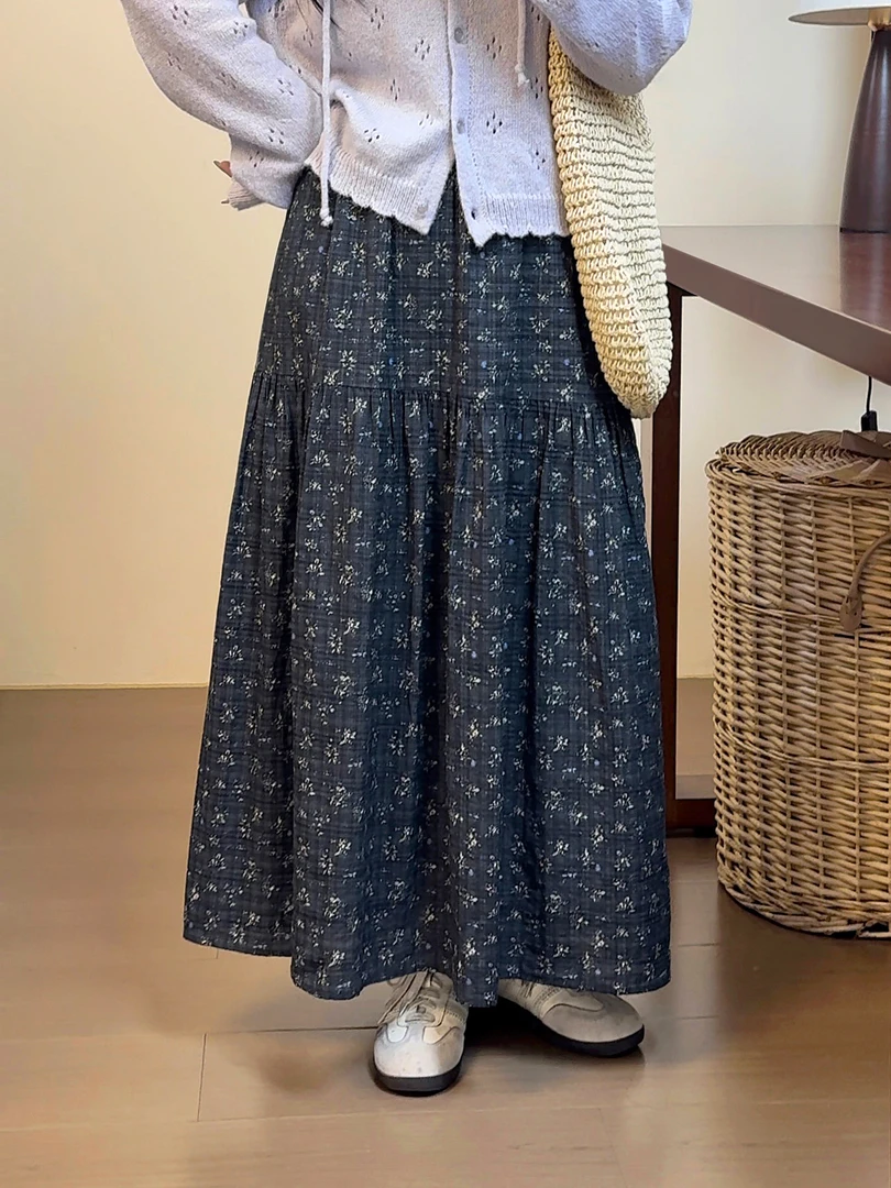 妮妮家丨碎花半身裙松紧腰2025春夏新款韩系复古显瘦高腰A字长裙