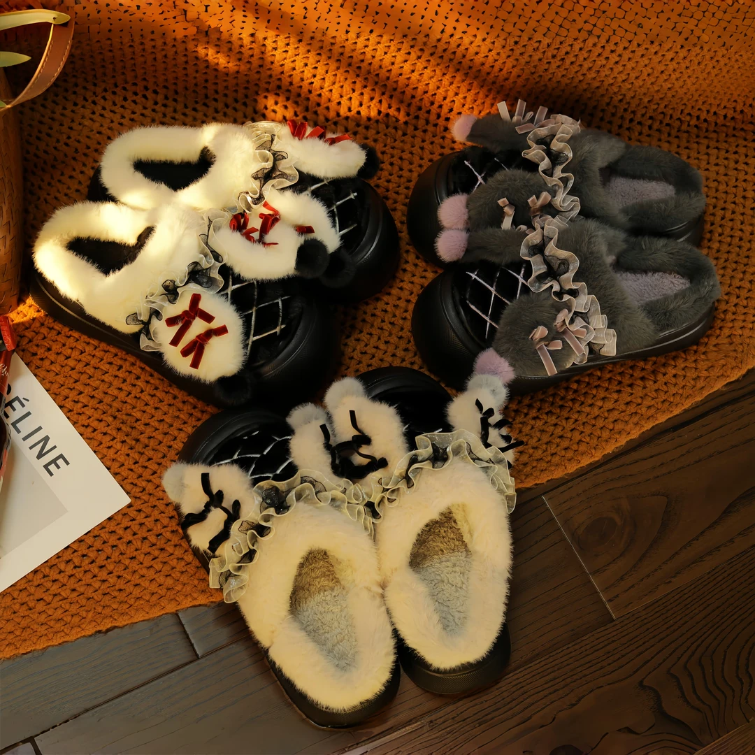 蝴蝶结棉拖鞋女款秋冬季外穿加绒保暖室内家居防滑毛毛拖棉拖女款