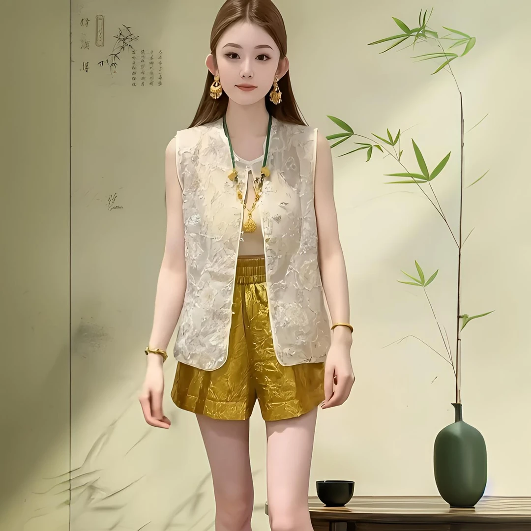 2025夏季新款中国风刺绣马甲背心上衣搭短裤清雅新中式气质