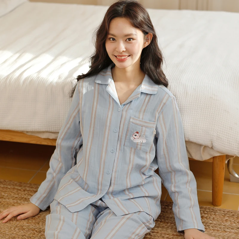 春秋纯棉女士睡衣休闲简约长袖长裤宽松家居服套装秋冬季25326