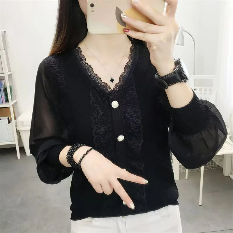 V领新款雪纺衬衫女小香风宽松显瘦2023百搭洋气减龄纯色上衣外穿