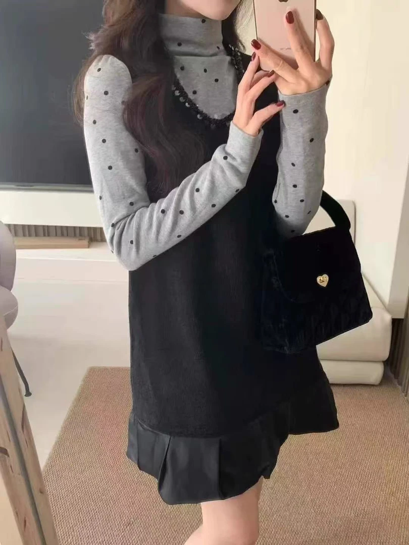 连衣裙打底衫法式时尚套装毛衫百搭背心辣妹风长袖灰打底黑马甲