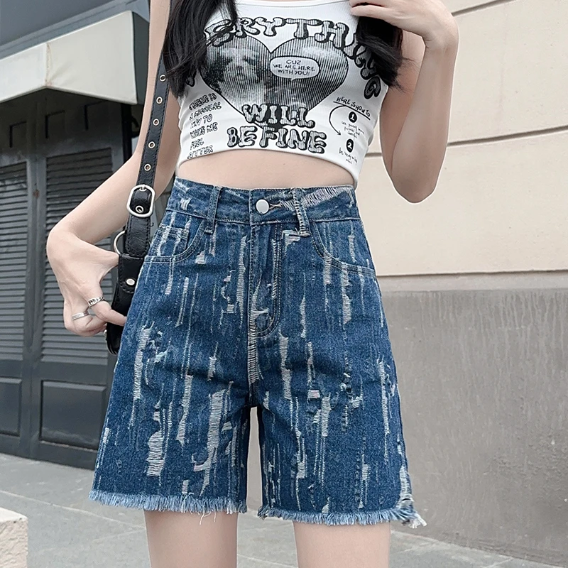 时尚直筒牛仔短裤女五分显瘦百搭复古蓝热裤毛边破洞设计感薄款潮