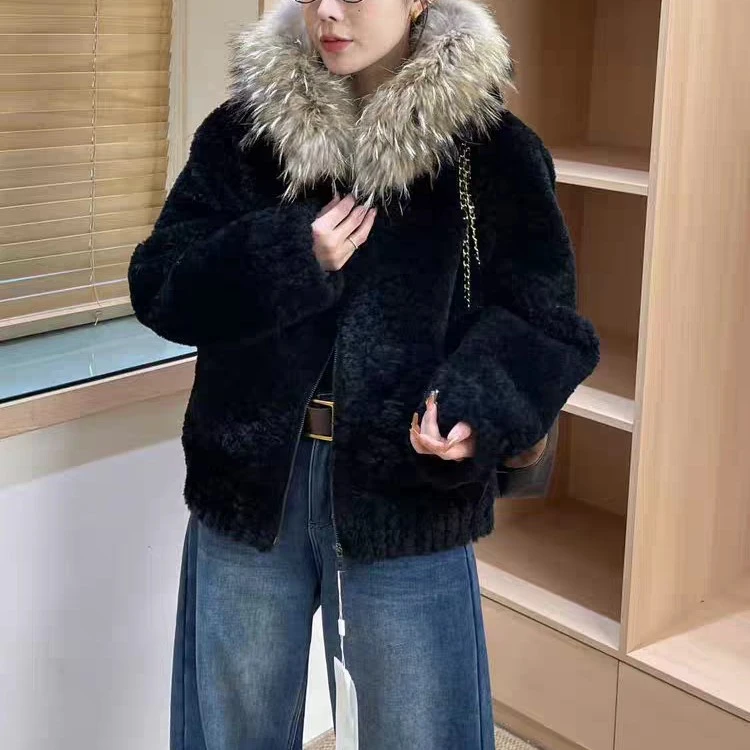 251203欧洲站气质翻边毛领拉链款皮毛外套