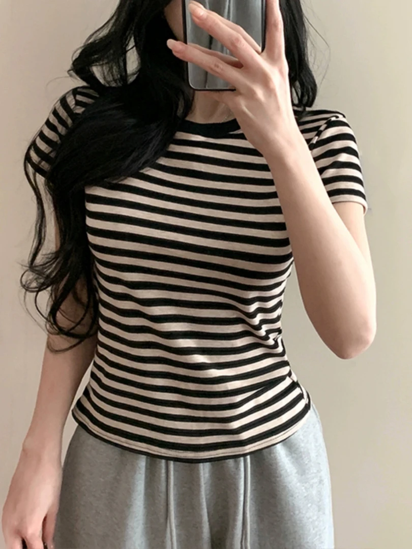 韩系辣妹ins圆领条纹短袖T恤女夏季修身基础百搭上衣正肩显瘦体恤