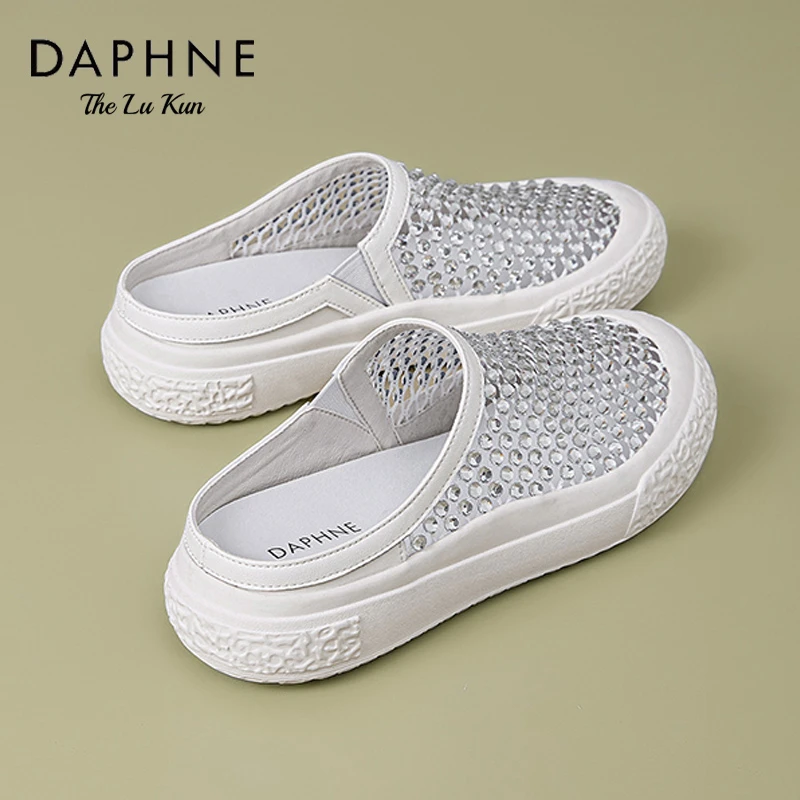 达芙妮网鞋女款休闲半拖鞋2025夏季新款透气水钻百搭厚底凉拖鞋AM