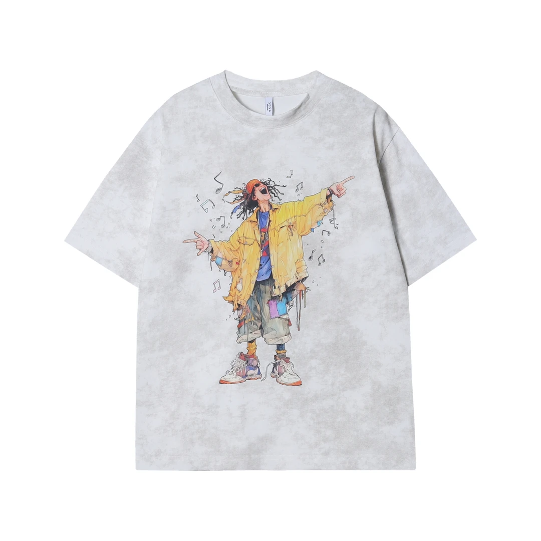 T1041潮流人物设计印花短袖百搭男士T恤潮流宽松上衣复古圆领短袖