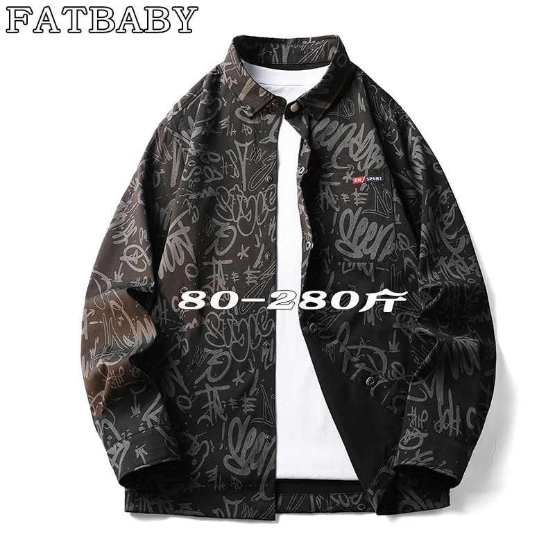 满印大码男士衬衫春季新款加肥宽松百搭休闲文艺风潮流长袖上衣男