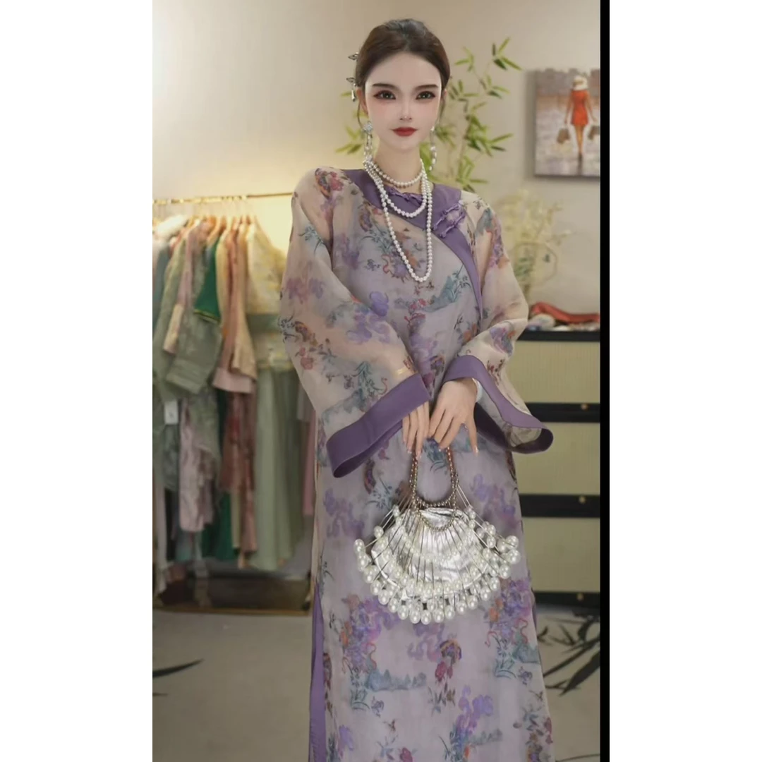 木木2025春季新款优雅显瘦休闲气质紫色连衣裙（6594+7119）