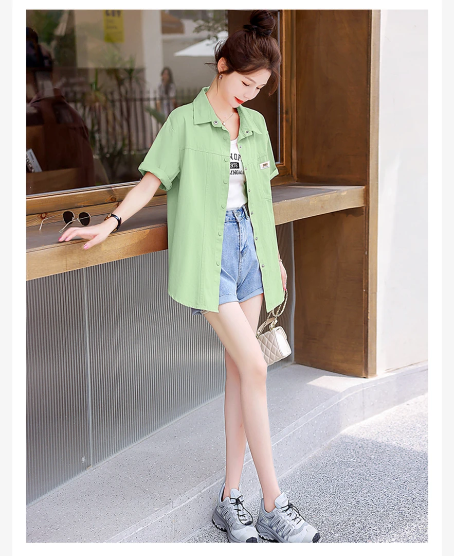 2025夏季新款韩系薄款百搭纯棉短袖衬衫女设计感小众宽松衬衣外套