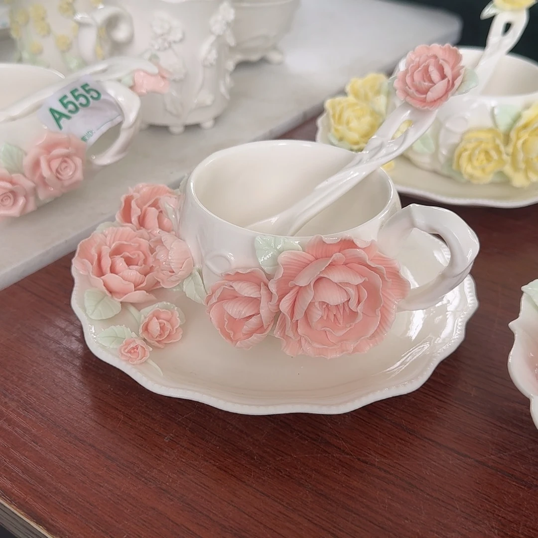 淡***生手工捏花牡丹花咖啡杯碟一套加勺子