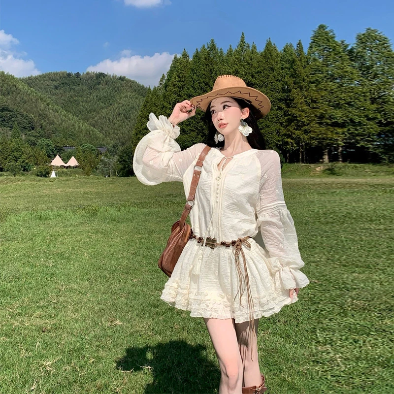 灯笼袖连衣裙女氛围感穿搭大草原新疆连衣裙套装