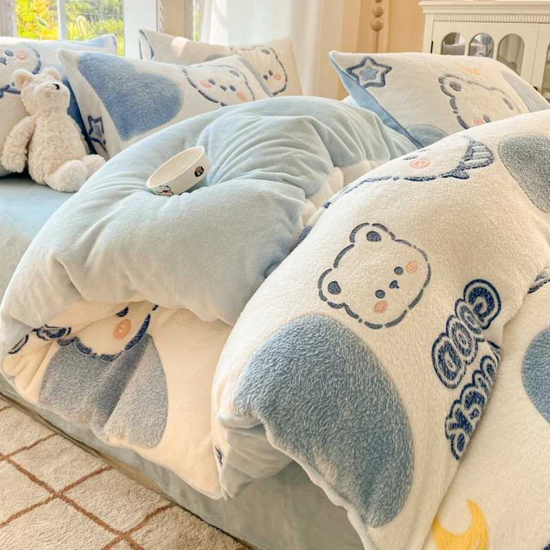 家厚单人被罩150*200床品套件冬季雪花绒加厚格子牛奶绒四件套